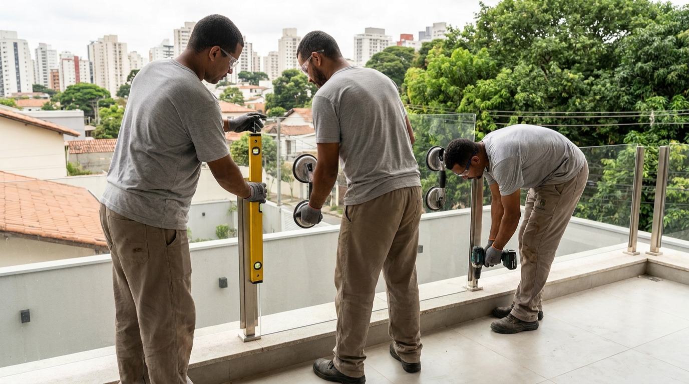 Guarda-corpo em terraço alto com vista cidade em Mogi Guaçu-SP