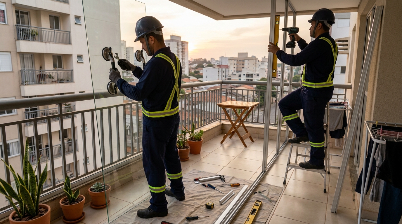 Instalação de parede de vidro em sacada em Mogi Guaçu-SP